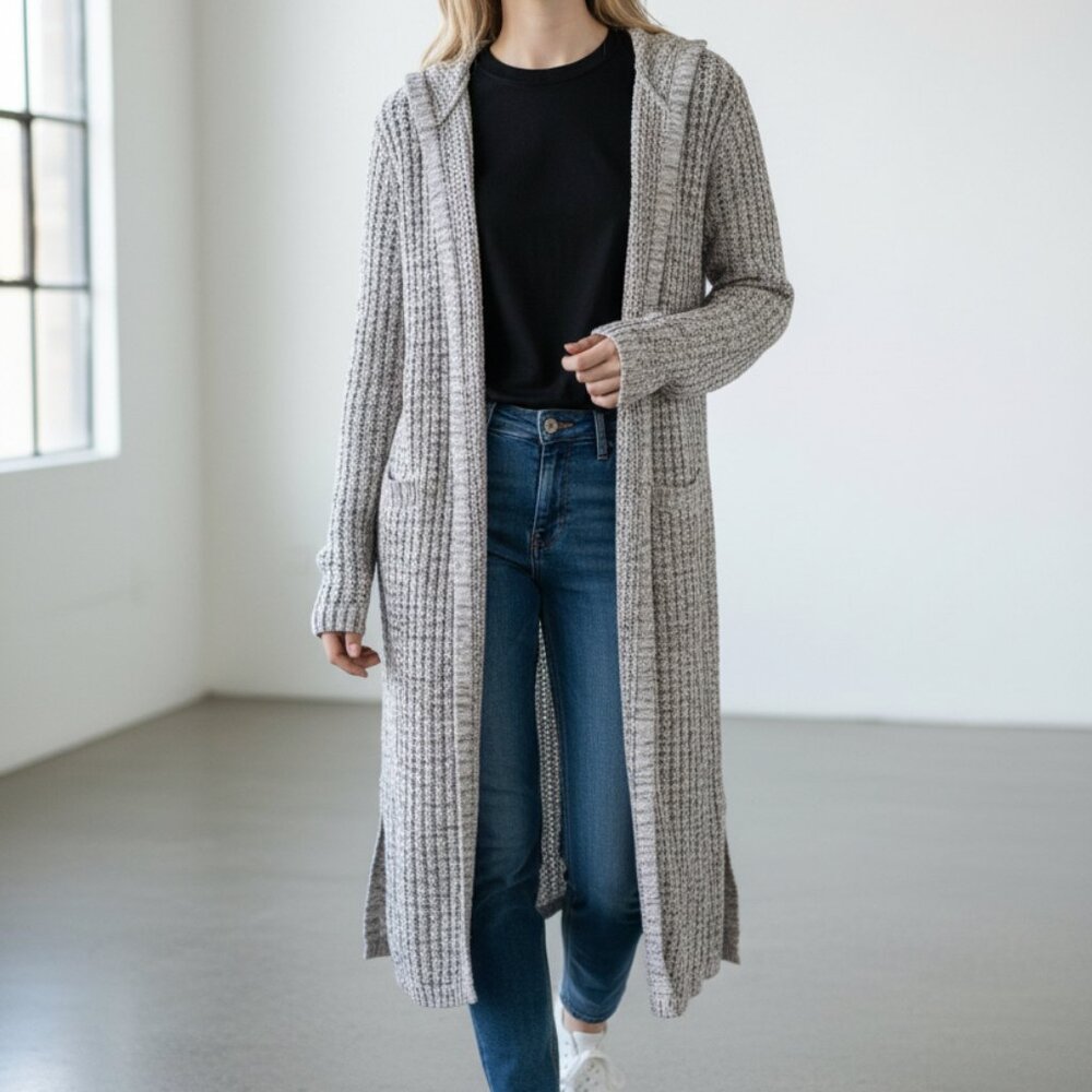 Light Grey Heather Open-Weave Crochet Cardigan | Viscose Cotton | Side Slits | S